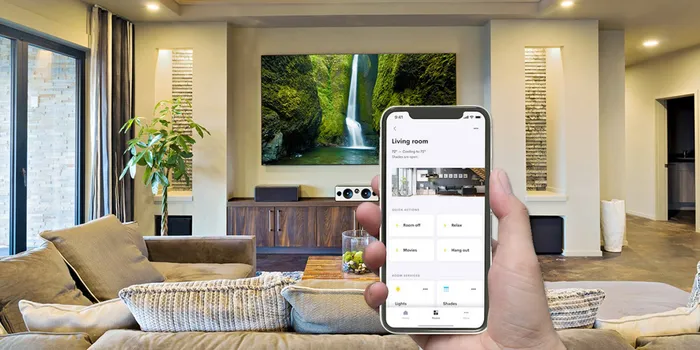 Smart home app controlling lighting, shades, entertainment, and comfort.png